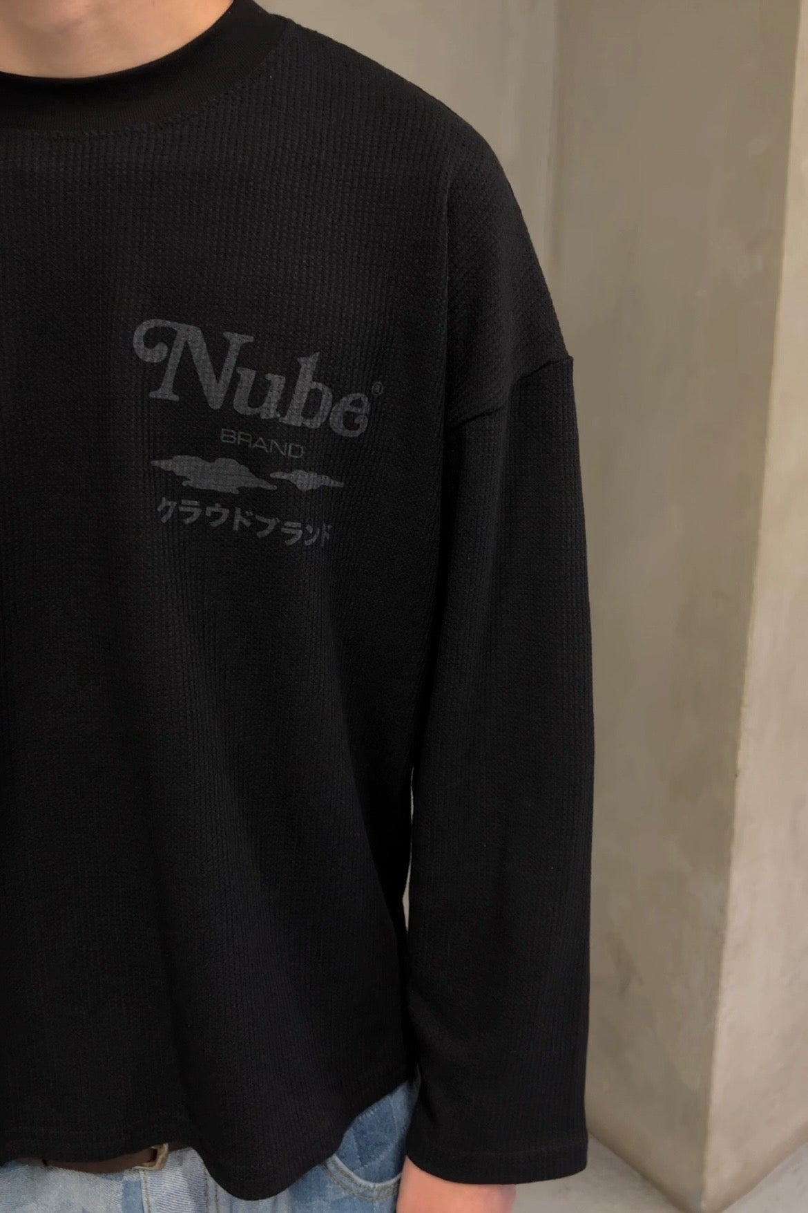 Japanese Logo Waffle Long sleeve Black