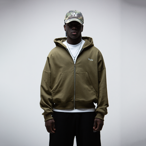 Basic Olive Green Zip Boxy Hoodie
