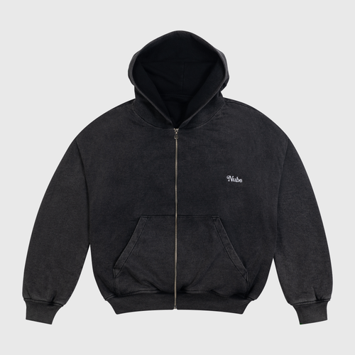 Basic Washed Black Boxy Zip Hoodie
